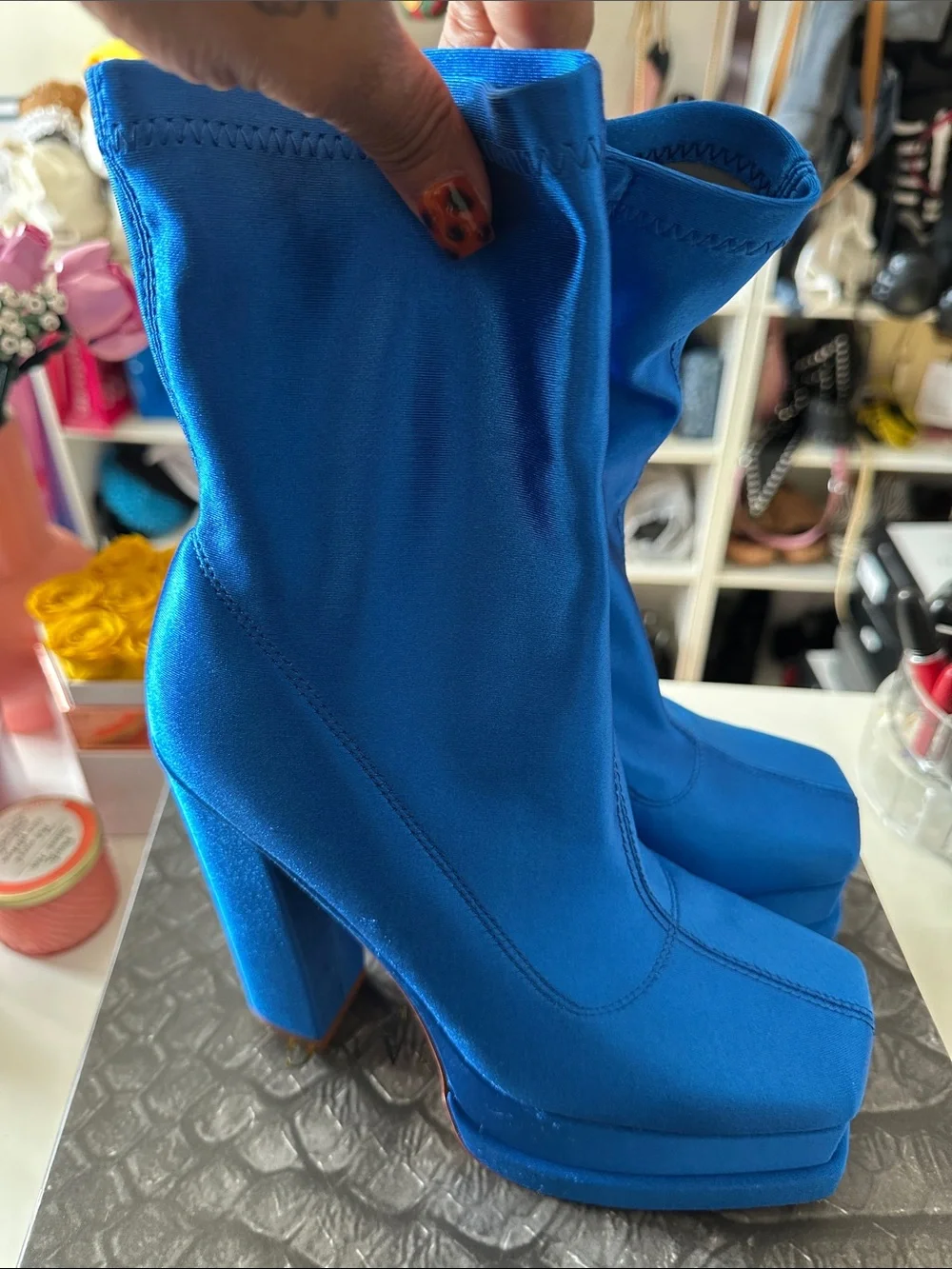 Electric Blue Satin Platform Ankle Boots
